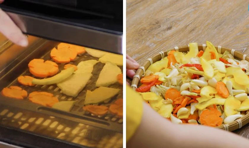 Xếp rau củ đã ráo nước, dùng nồi chiên không dầu sấy ở 120°C trong 15 phút