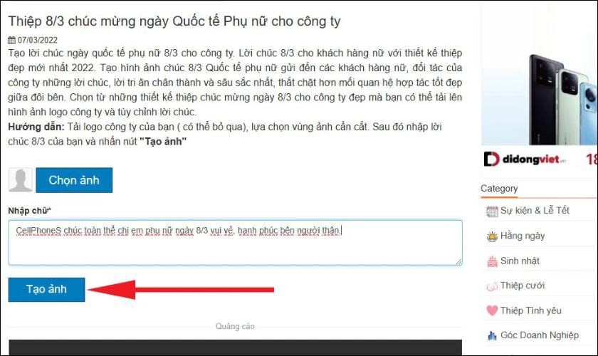 Nhấp chọn vào mẫu thiệp mà bạn yêu thích và chọn Tạo ảnh