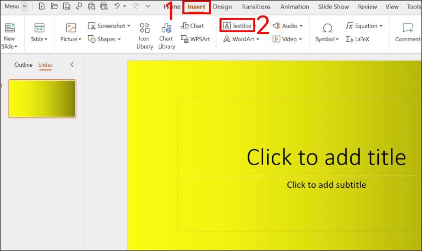 Chọn Insert ở thanh menu, sau đó chọn Text Box