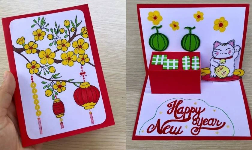 Mẫu làm thiệp Tết 3D đơn giản cho học sinh