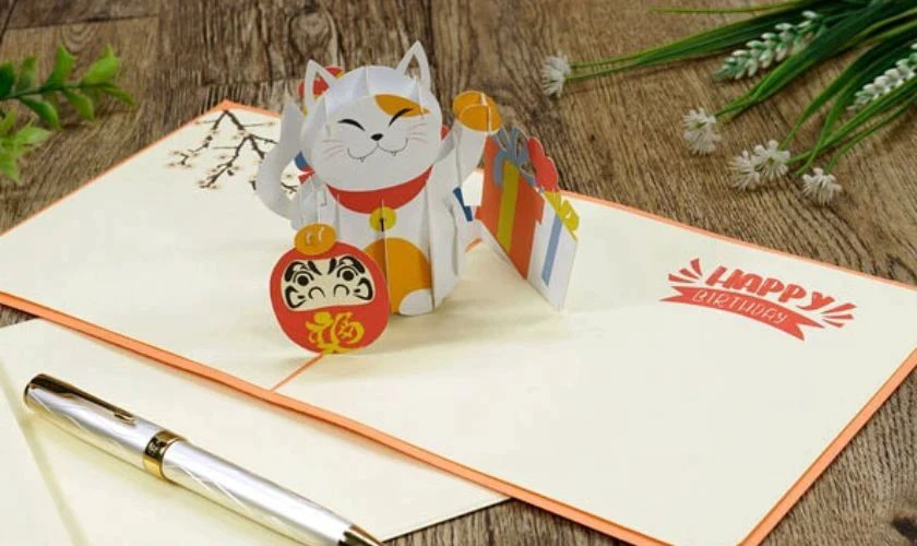 Mẫu làm thiệp Tết 3D đơn giản hình mèo