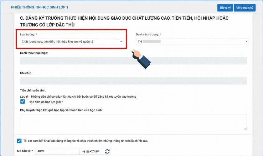 Chọn loại hình trường hoặc chương trình mong muốn