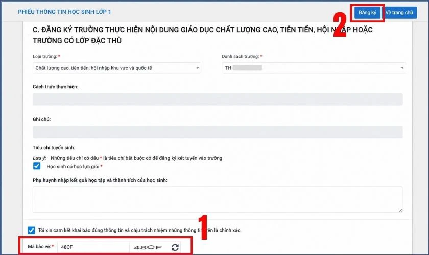 Nhập mã xác thực, xác nhận cam kết thông tin chính xác