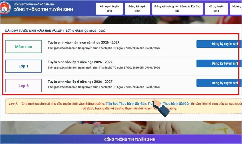 Chọn kỳ tuyển sinh phù hợp với lớp học cần đăng ký