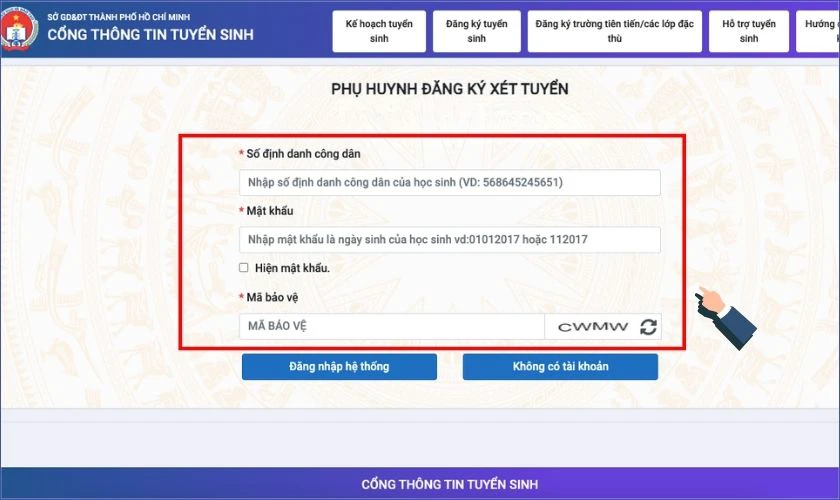Nhập số định danh cá nhân cùng mật khẩu được cấp