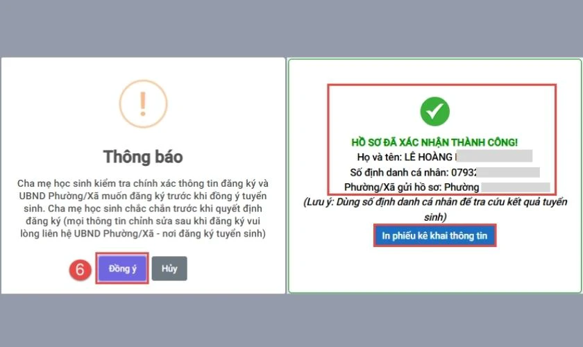 Hệ thống đưa ra thông báo nhấn xác nhận Đồng ý