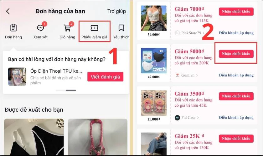 Chọn Phiếu đánh giá và nhấn Nhận chiết khấu