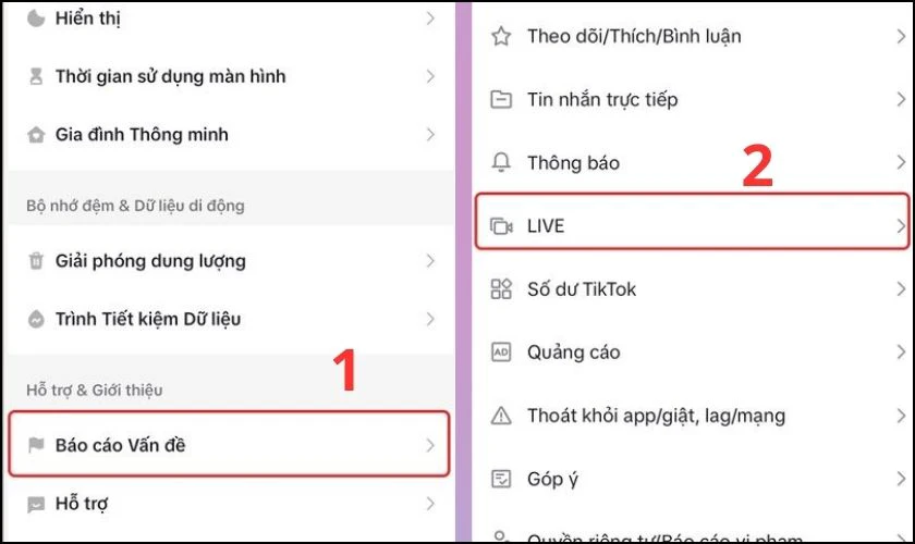Nhấn v&agrave;o B&aacute;o c&aacute;o vấn đề v&agrave; chọn mục Live