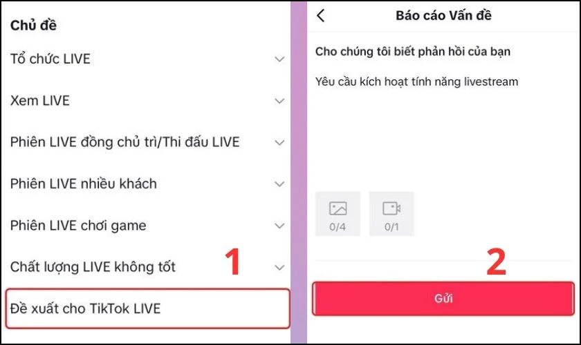 Chọn Đề xuất cho TikTok Live, Y&ecirc;u cầu k&iacute;ch hoạt t&iacute;nh năng livestream