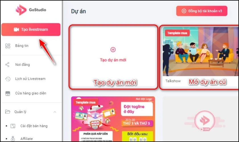 Đăng nhập v&agrave;o GoStudio, tạo Livestream