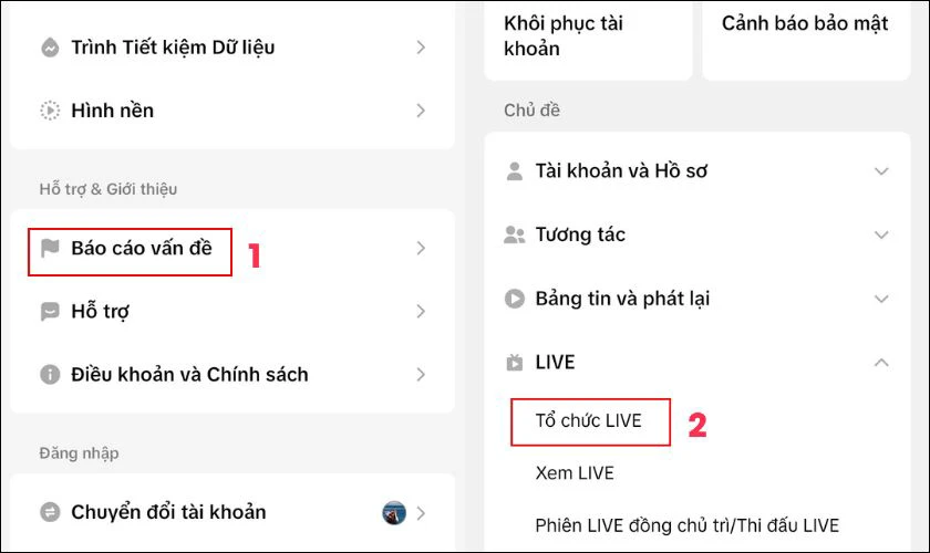 Trong phần LIVE, chọn Tổ chức LIVE