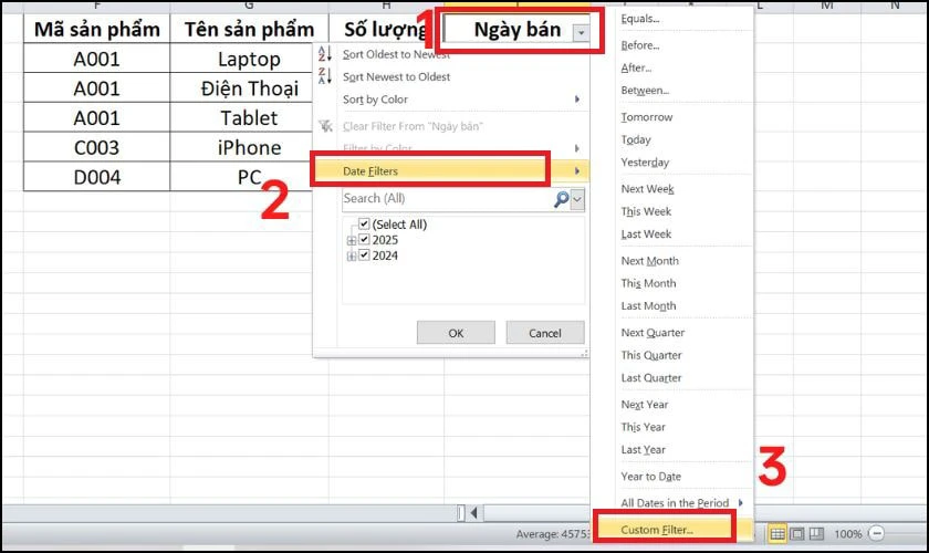 Cách lọc dữ liệu trong Excel đối với ngày tháng năm nhanh