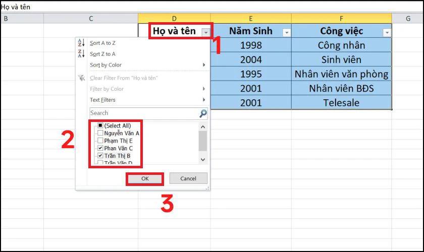 Select All rồi chọn giá trị cần lọc