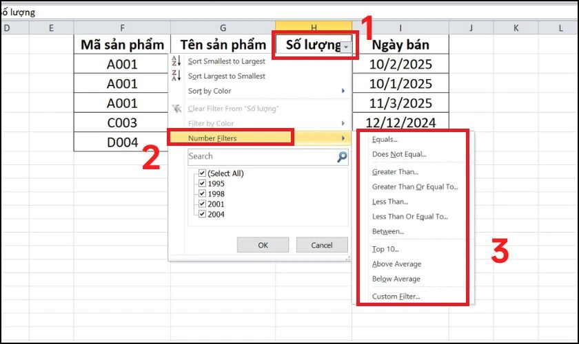 Cách lọc dữ liệu trong Excel đối với dữ liệu số nhanh