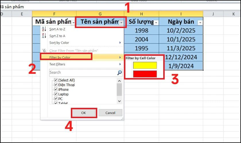 Cách lọc dữ liệu trong Excel với dữ liệu theo màu nhanh