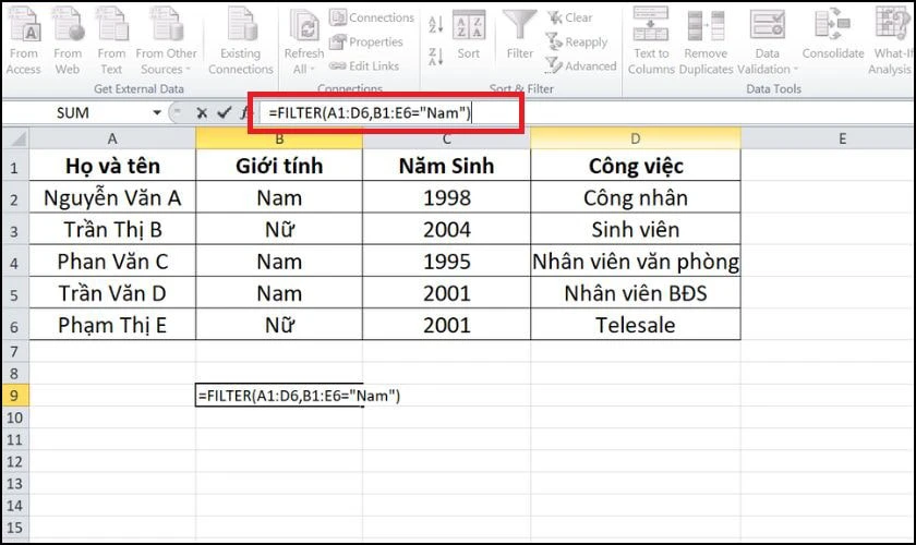 Cách lọc dữ liệu trong Excel có điều kiện bằng hàm FILTER