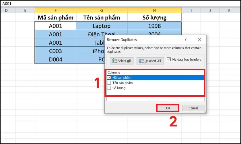 Chọn tên cột cần xử lý rồi nhấn OK