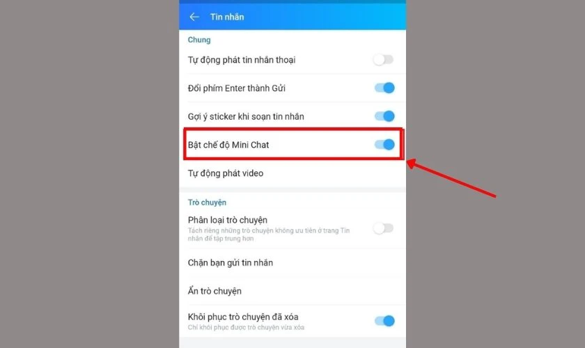 Tìm và bật tùy chọn Bong bóng chat