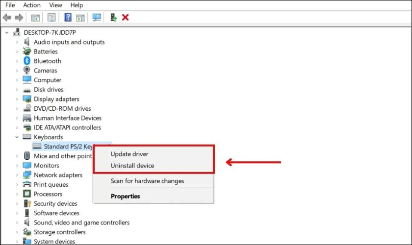 Nhấn chuột phải vào bàn phím và chọn Update driver để cập nhật