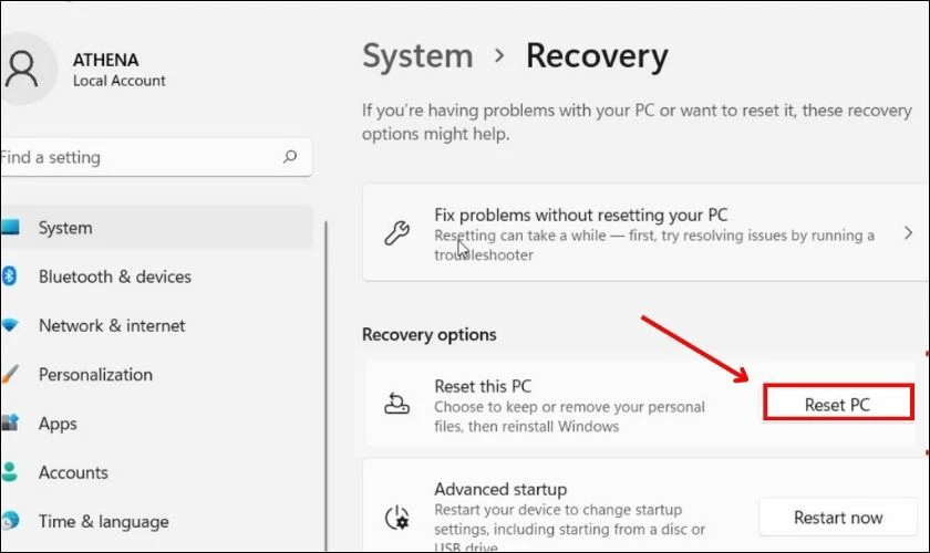 Nhấn Reset PC để bắt đầu quá trình cài đặt lại