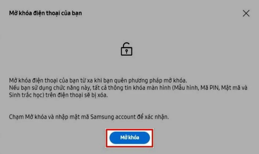 Tiến hành xác nhận tài khoản Samsung, rồi bấm mở khóa