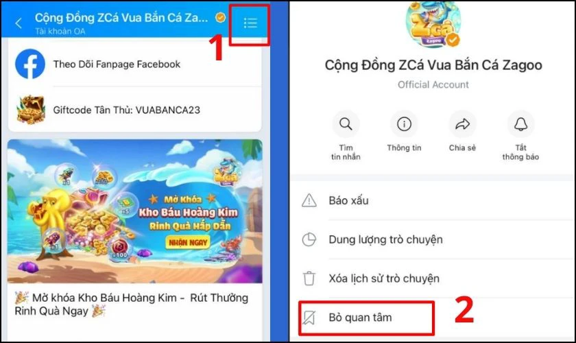 Chọn vào biểu tượng ba gạch và chọn mục Bỏ quan tâm