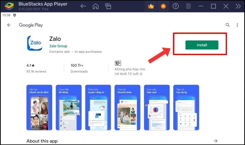 Chọn Install để tải xuống và cài đặt ứng dụng Zalo