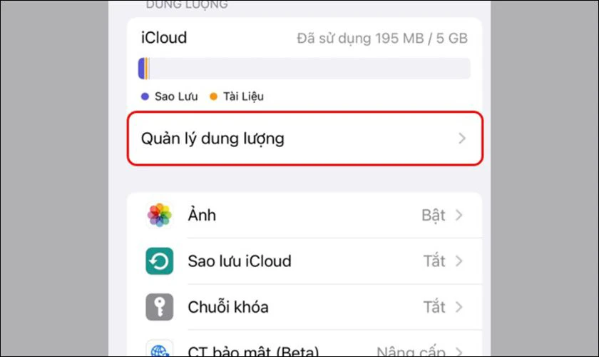 Nhấp chọn v&agrave;o mục Quản l&yacute; dung lượng