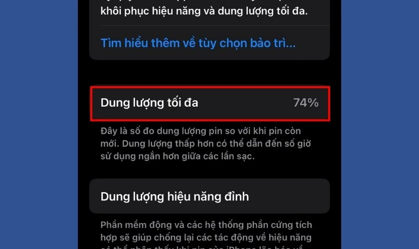 Kiểm tra Dung lượng tối đa của iPhone cũ hiển thị là bao nhiêu
