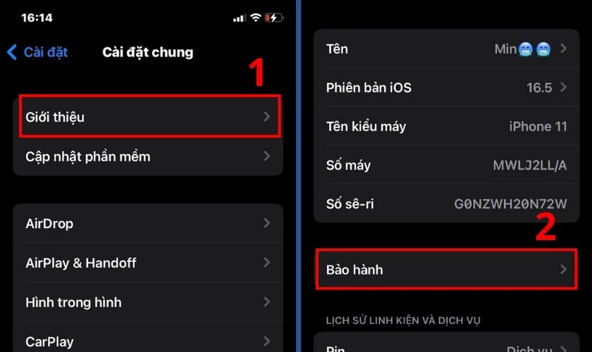 Lướt xuống và chọn vào mục Bảo hành