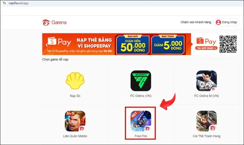 Chọn game Free Fire để tiến h&agrave;nh nạp kim cương