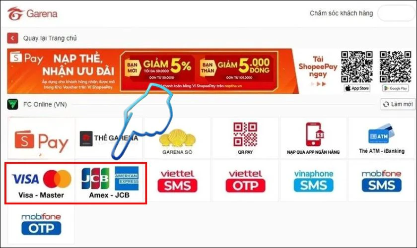 Chọn &ocirc; thẻ Visa - Master - JCB