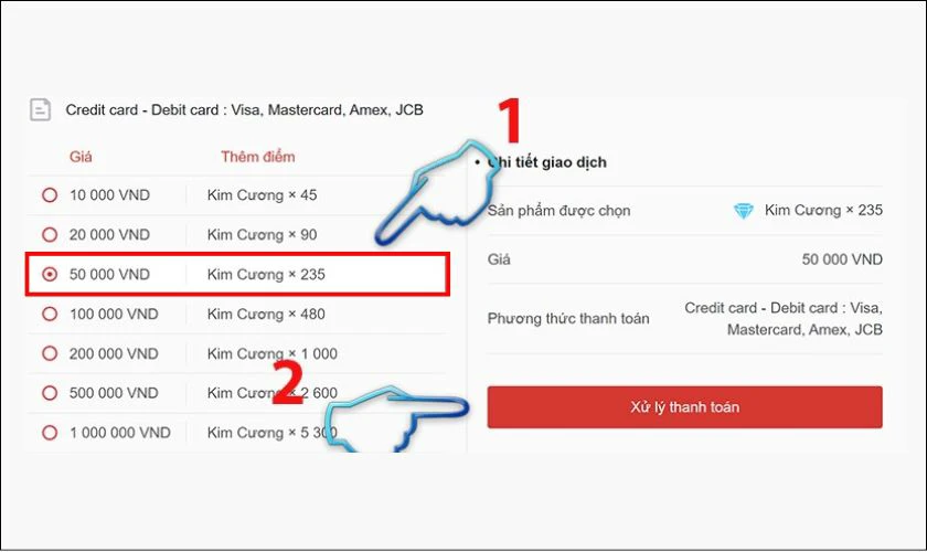 T&igrave;m mệnh gi&aacute; cần nạp, chọn Xử l&yacute; thanh to&aacute;n