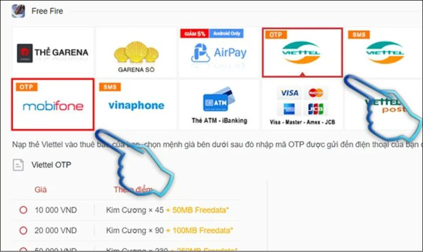 C&aacute;ch nạp kim cương trong Free Fire bằng OTP