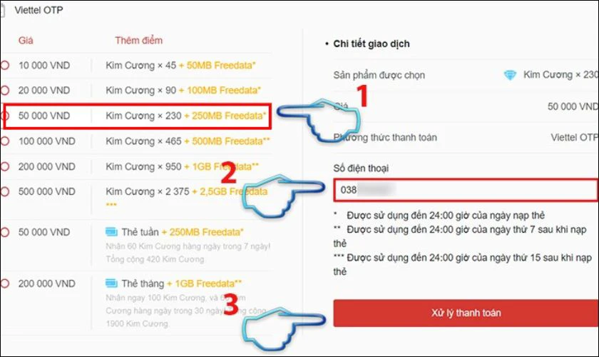 hập m&atilde; OTP vừa nhận để ho&agrave;n tất qu&aacute; tr&igrave;nh nạp kim cương