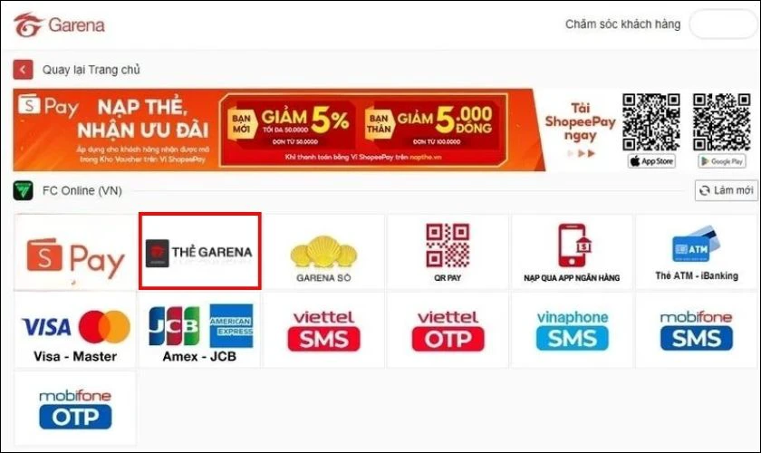 Nhấn chọn &ocirc; Thẻ Garena trong mục thanh to&aacute;n