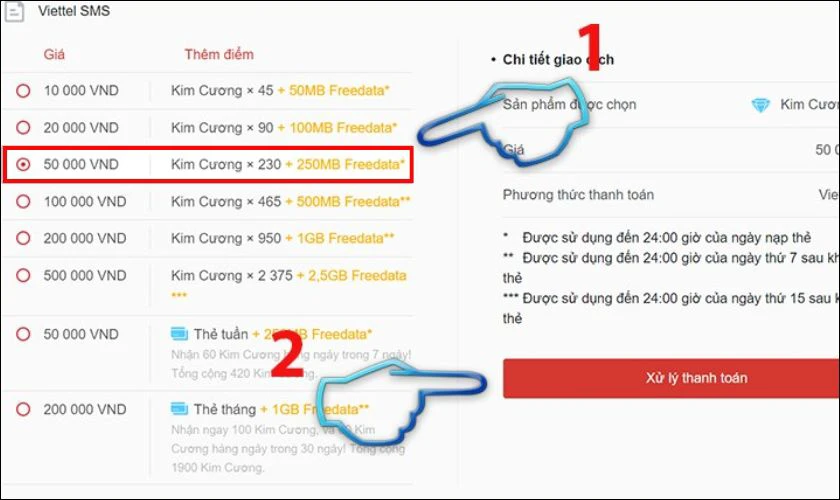 Chọn mệnh gi&aacute; ph&ugrave; hợp với số kim cương nhận được