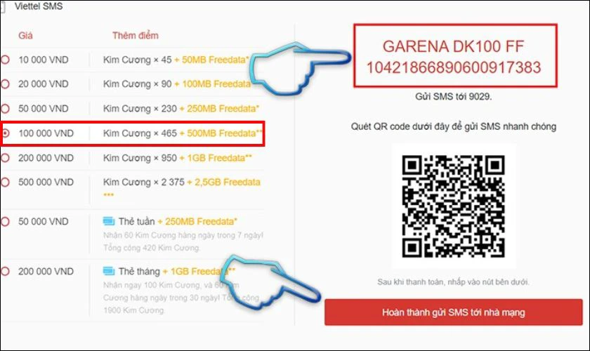 C&aacute;ch nạp kim cương trong Free Fire bằng SMS