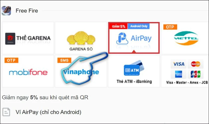 Đăng nhập Free Fire tr&ecirc;n napthe.vn, sau đ&oacute; chọn thanh to&aacute;n bằng v&iacute; Airpay