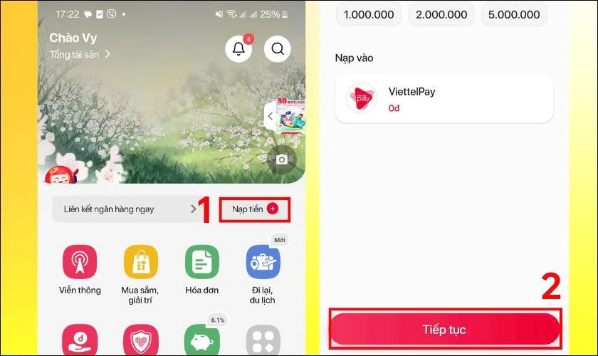 Chọn vào biểu tượng nạp tiền hình dấu cộng, nhập số tiền và nhấn Tiếp tục