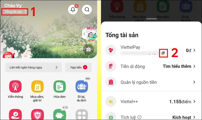 Chọn vào Tổng tài sản, chọn biểu tượng sao chép