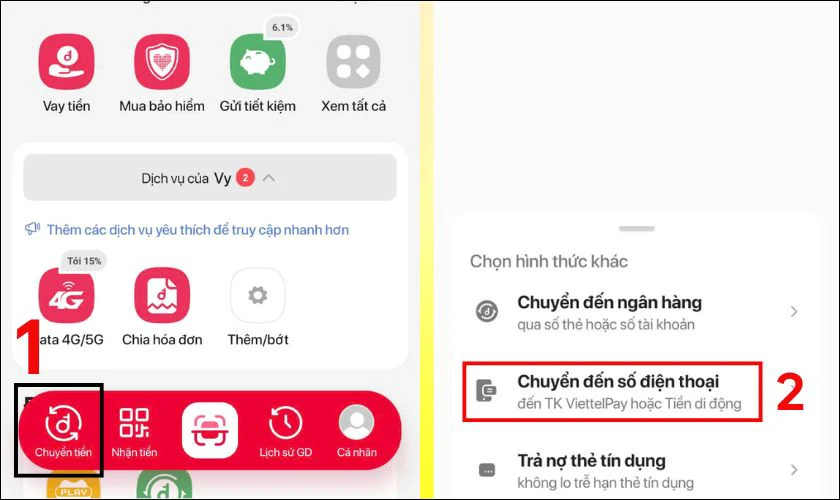 Chọn vào mục Chuyển tiền, chọn Chuyển đến số điện thoại