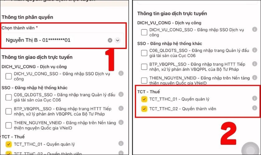 Chọn t&ecirc;n th&agrave;nh vi&ecirc;n, t&iacute;ch v&agrave;o c&aacute;c mục được quyền thực hiện