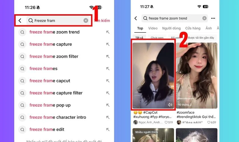 Mở TikTok, nhập t&igrave;m kiếm từ kh&oacute;a đứng h&igrave;nh hoặc freeze frame