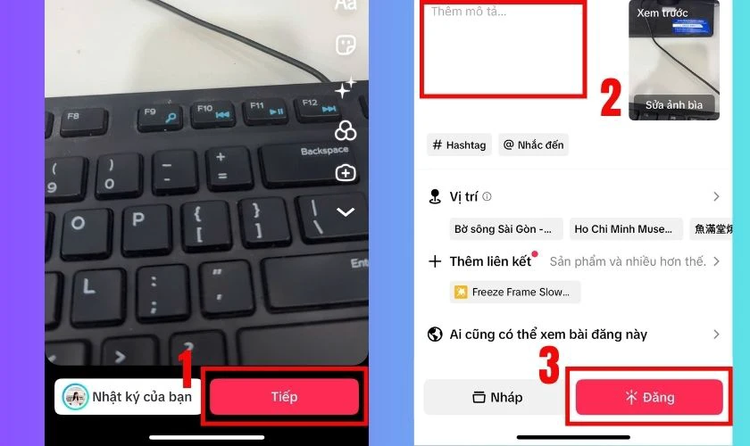 Th&ecirc;m m&ocirc; tả, hashtag, v&agrave; chọn ảnh b&igrave;a