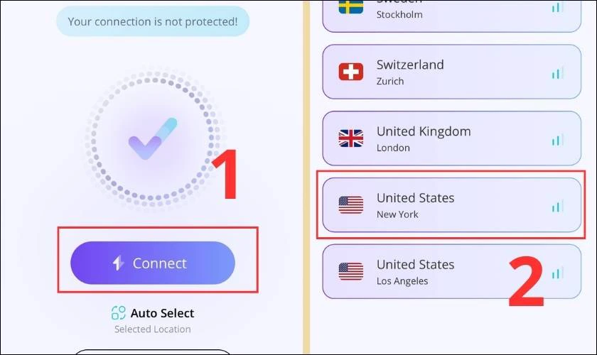 Chọn Server tiếp tục chọn United State v&agrave; nhấn Connect