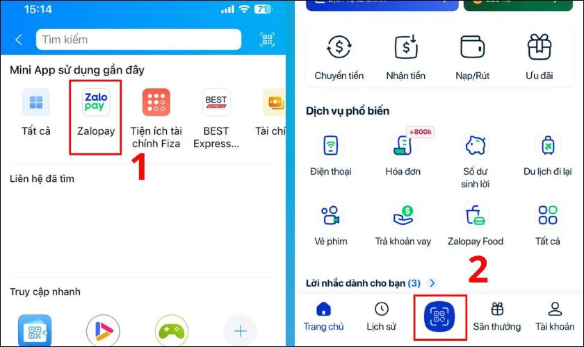 Tại giao diện ch&iacute;nh, nhấn v&agrave;o mục Kh&aacute;m ph&aacute; hoặc V&iacute; ZaloPay