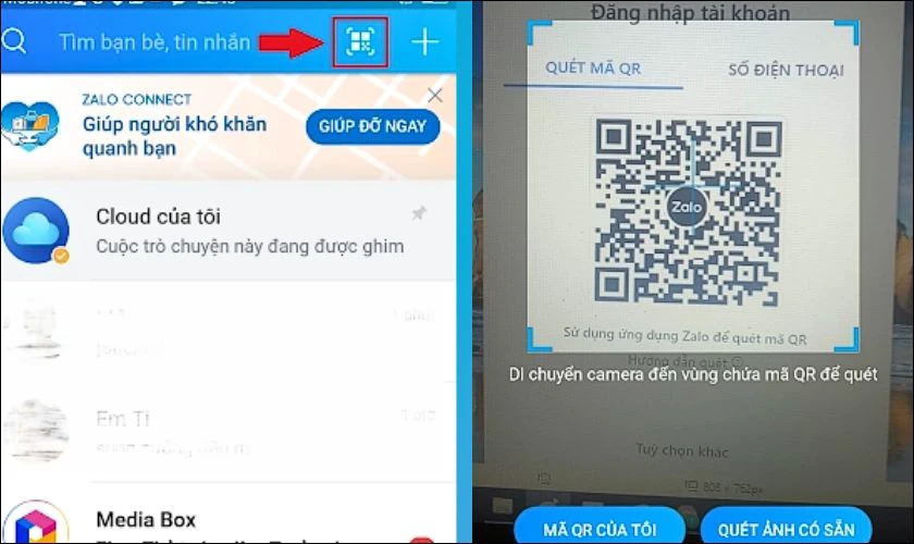 V&agrave;o Zalo tr&ecirc;n điện thoại, nhấn biểu tượng M&atilde; QR
