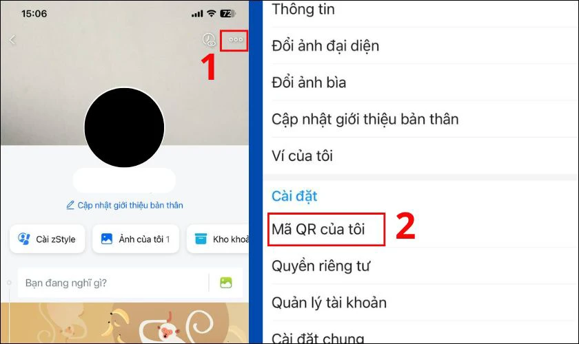 Tick v&agrave;o dấu ba chấm, rồi chọn biểu tượng m&atilde; QR của t&ocirc;i