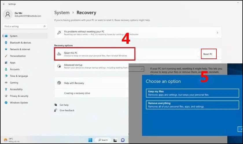 Nhấp vào Reset PC trong mục Reset this PC
